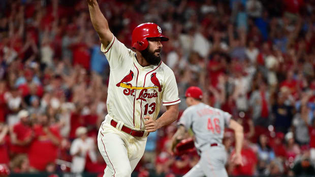 Aug 31, 2019; St. Louis, MO, USA; St. Louis Cardinals pinch hitter Matt Carpenter (13) celebrates after hitting a walk off one run single off of Cincinnati Reds starting pitcher Kevin Gausman (46) during the ninth inning at Busch Stadium. Mandatory Credit: Jeff Curry-USA TODAY Sports  